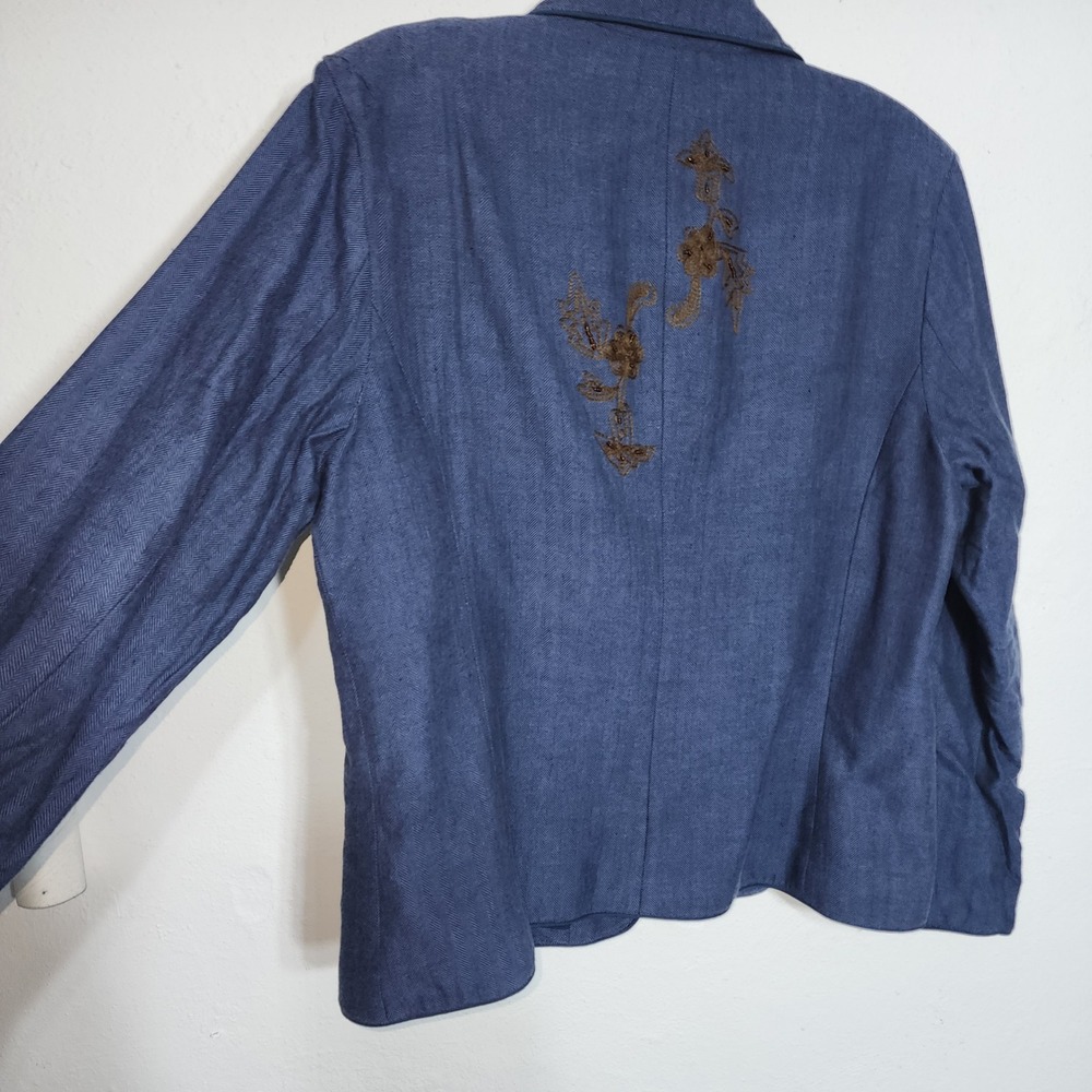 Coldwater Creek Blazer L Blue Bronze Embroidered Beaded Cotton Herringbone - Picture 9 of 13